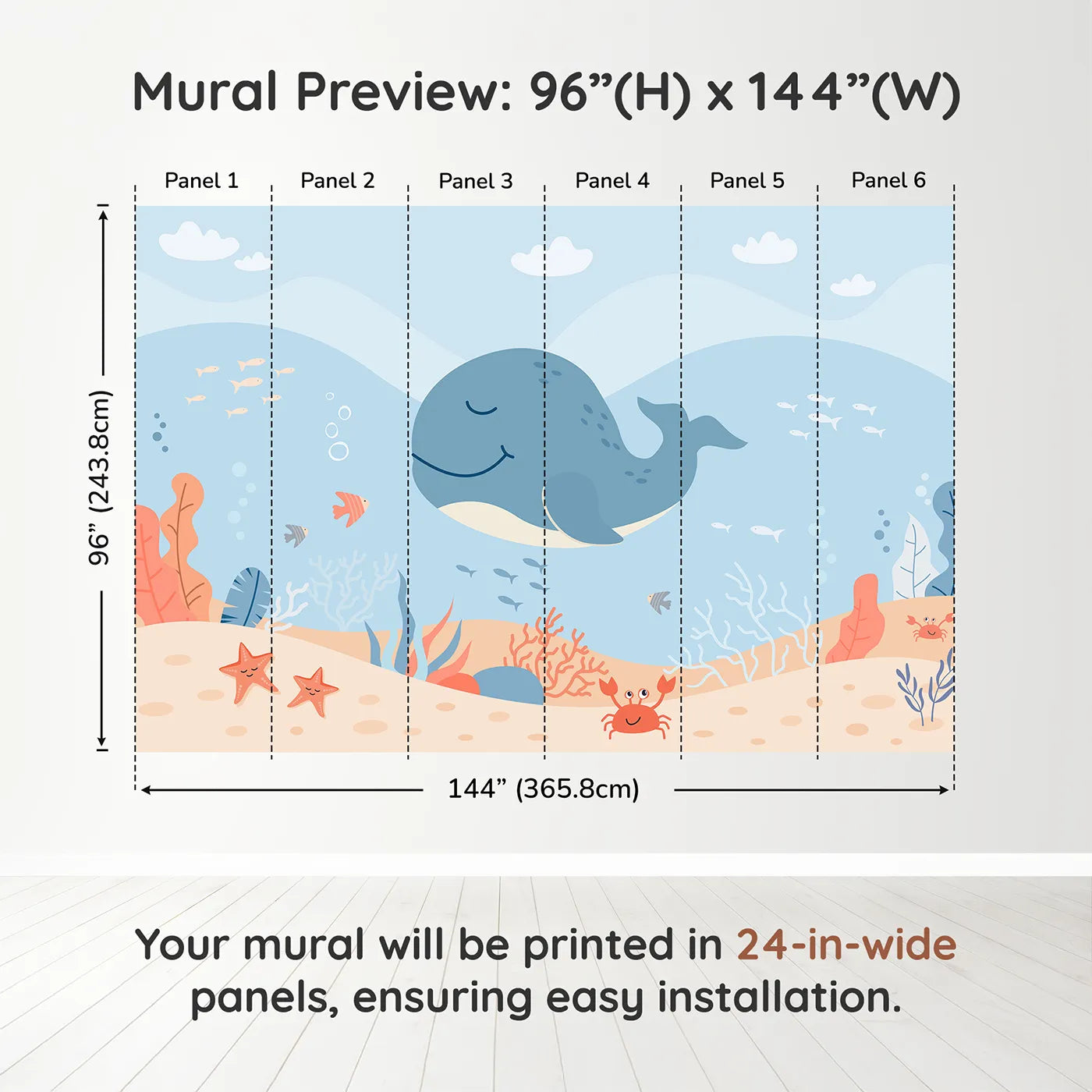 Whimsy Tots Happy Whale and Friends Wall Muraldimension view (96" H x 144" W). Printed in six 24-inch-wide panels. Gender-Neutral