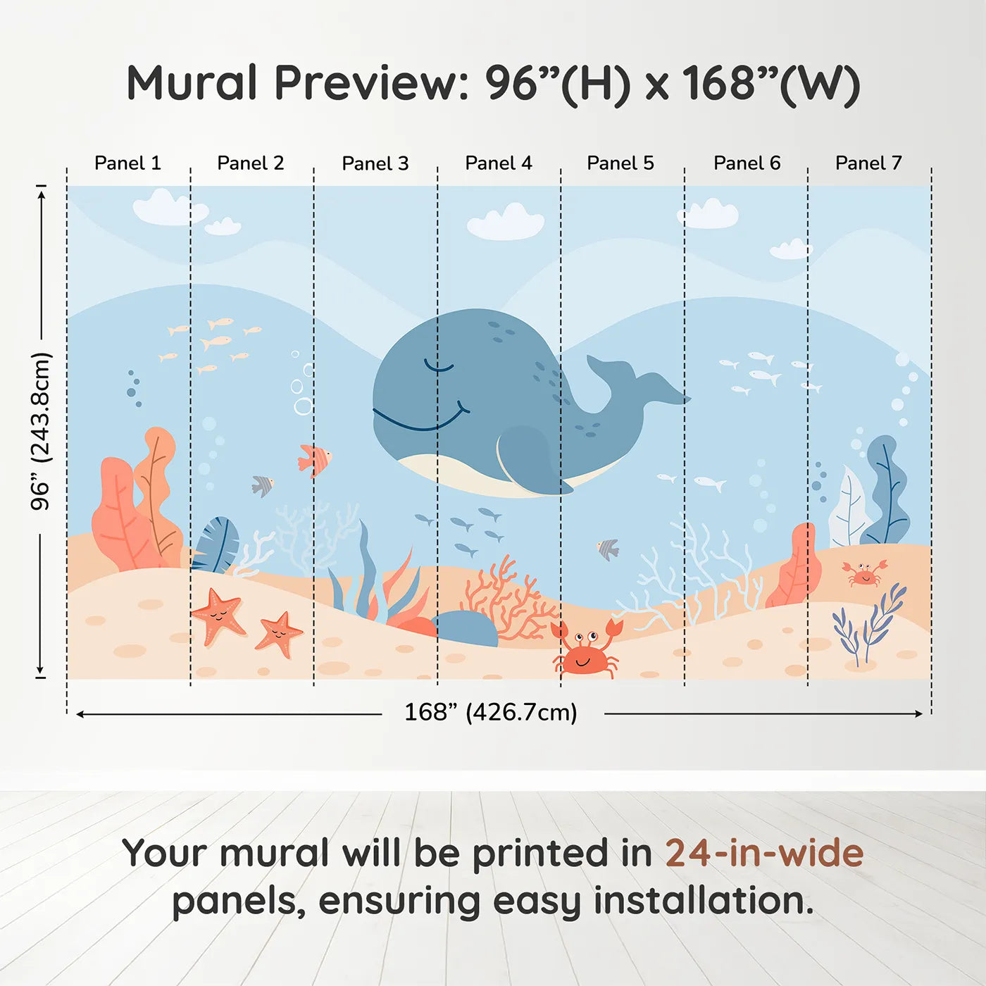 Whimsy Tots Happy Whale and Friends Wall Muraldimension view (96" H x 168" W). Printed in seven 24-inch-wide panels. Gender-Neutral
