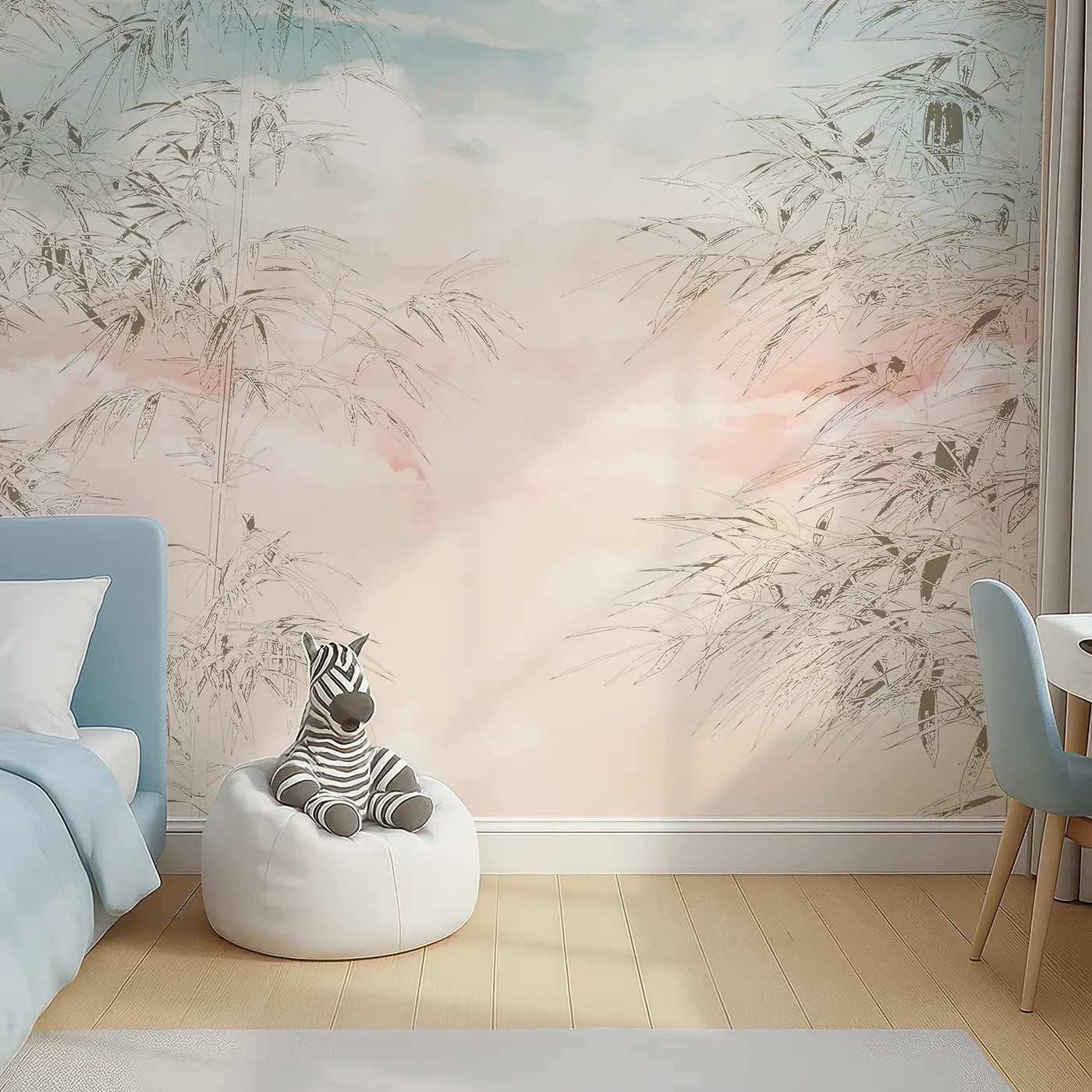 Top-down view of Whimsy Tots' Sunset Bamboo Sketch Wall Mural (Turn Their Room into a Dreamy, Painted Sunset).Gender-Neutral