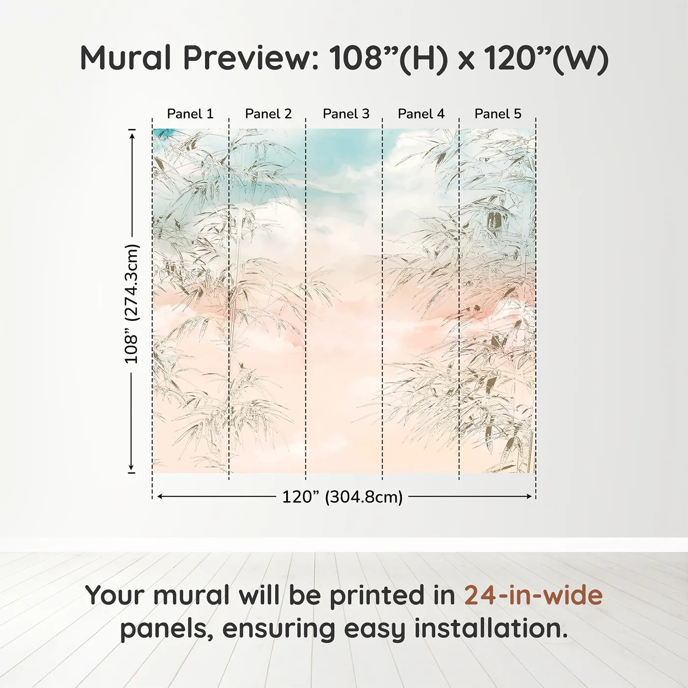 Whimsy Tots Sunset Bamboo Sketch Wall Muraldimension view (108" H x 120" W). Printed in five 24-inch-wide panels. Gender-Neutral