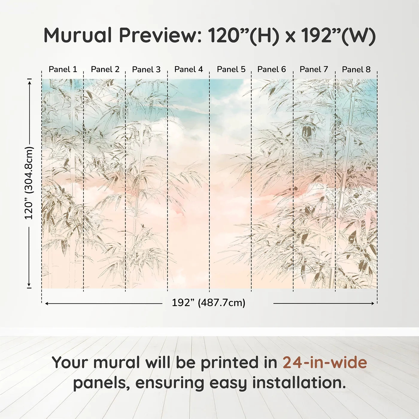 Whimsy Tots Sunset Bamboo Sketch Wall Muraldimension view (120" H x 192" W). Printed in eight 24-inch-wide panels. Gender-Neutral