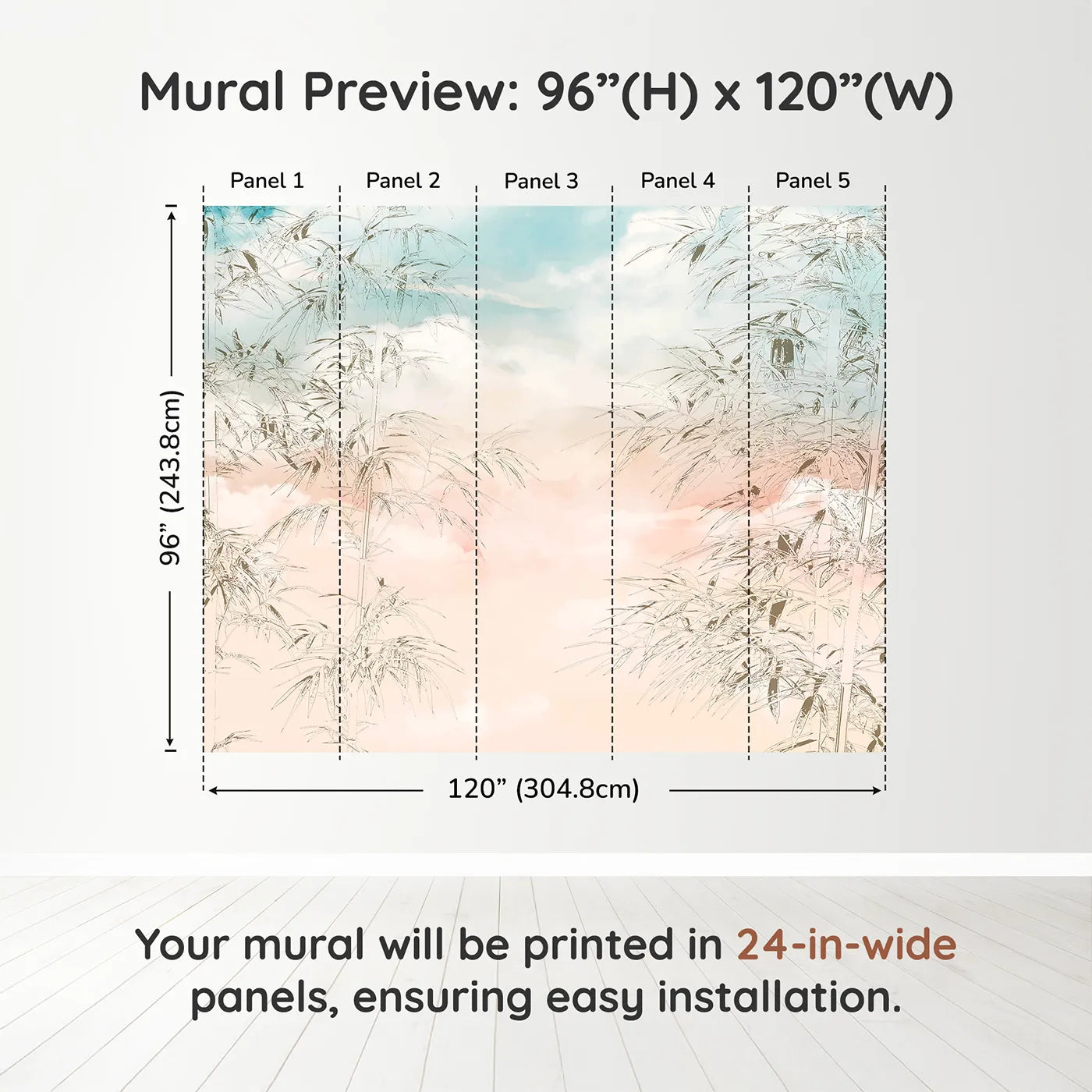 Whimsy Tots Sunset Bamboo Sketch Wall Muraldimension view (96" H x 120" W). Printed in five 24-inch-wide panels. Gender-Neutral