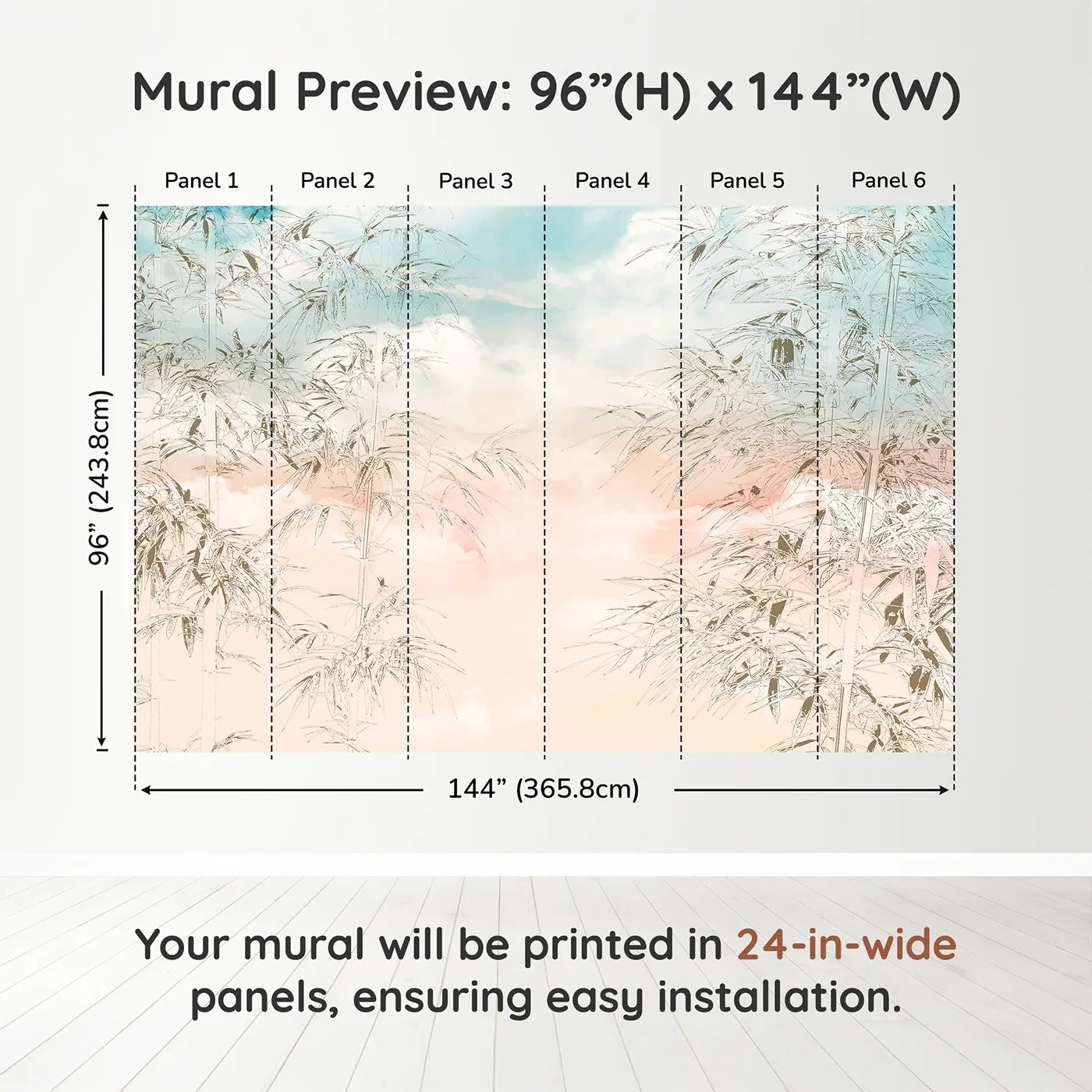 Whimsy Tots Sunset Bamboo Sketch Wall Muraldimension view (96" H x 144" W). Printed in six 24-inch-wide panels. Gender-Neutral