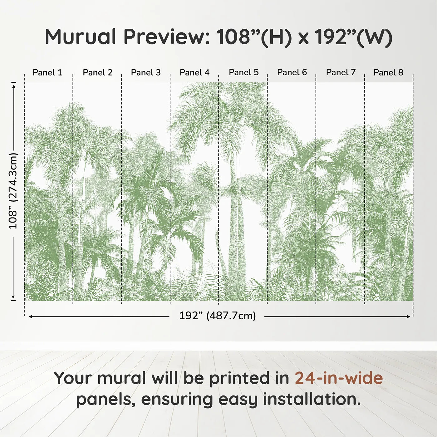 Whimsy Tots Green Palm Engraving Wall Muraldimension view (108" H x 192" W). Printed in eight 24-inch-wide panels. Gender-Neutral