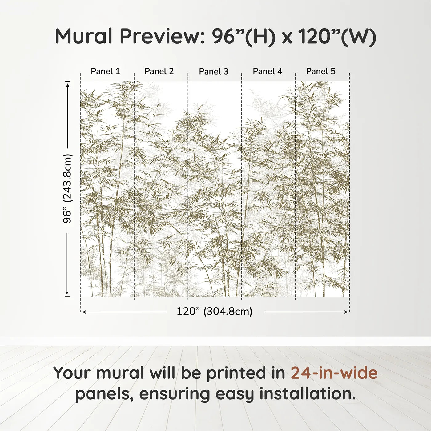 Whimsy Tots Brown Bamboo Engraving Wall Muraldimension view (96" H x 120" W). Printed in five 24-inch-wide panels. Gender-Neutral