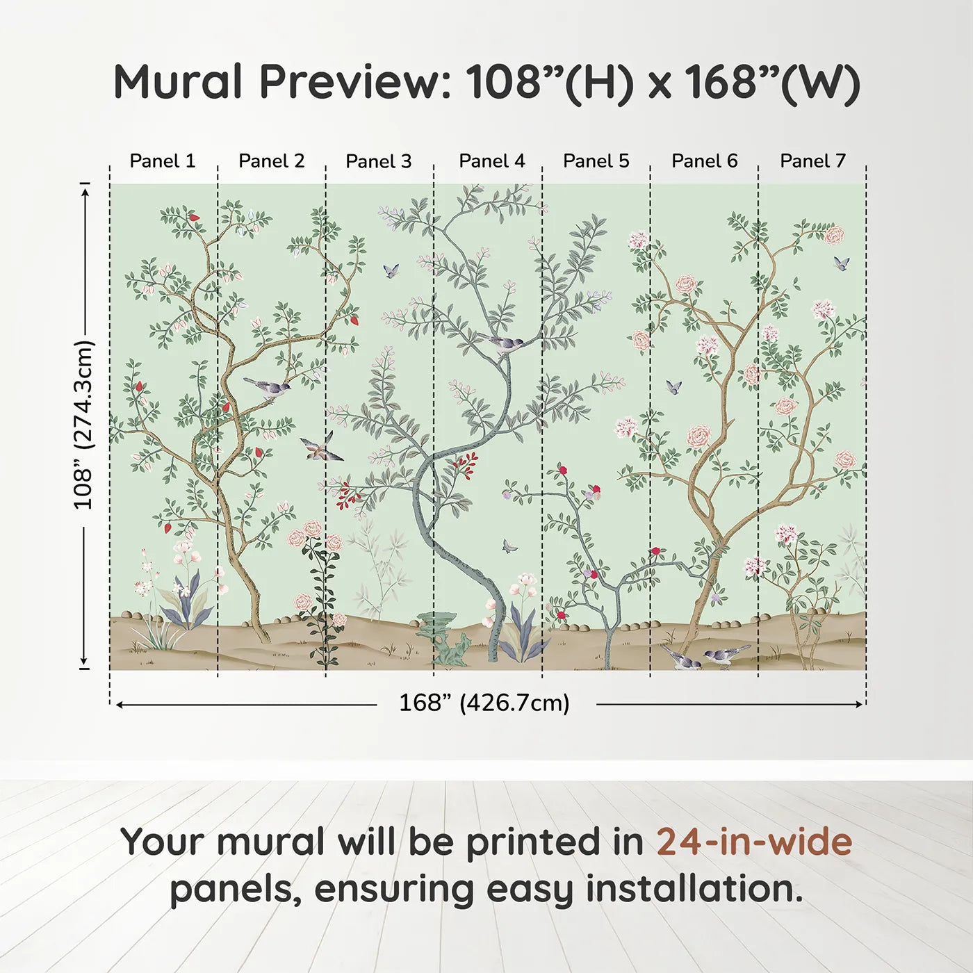 Whimsy Tots Classic Chinoiserie Garden Wall Muraldimension view (108" H x 168" W). Printed in seven 24-inch-wide panels. Gender-Neutral