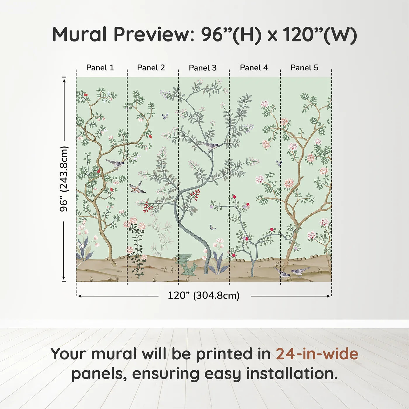 Whimsy Tots Classic Chinoiserie Garden Wall Muraldimension view (96" H x 120" W). Printed in five 24-inch-wide panels. Gender-Neutral