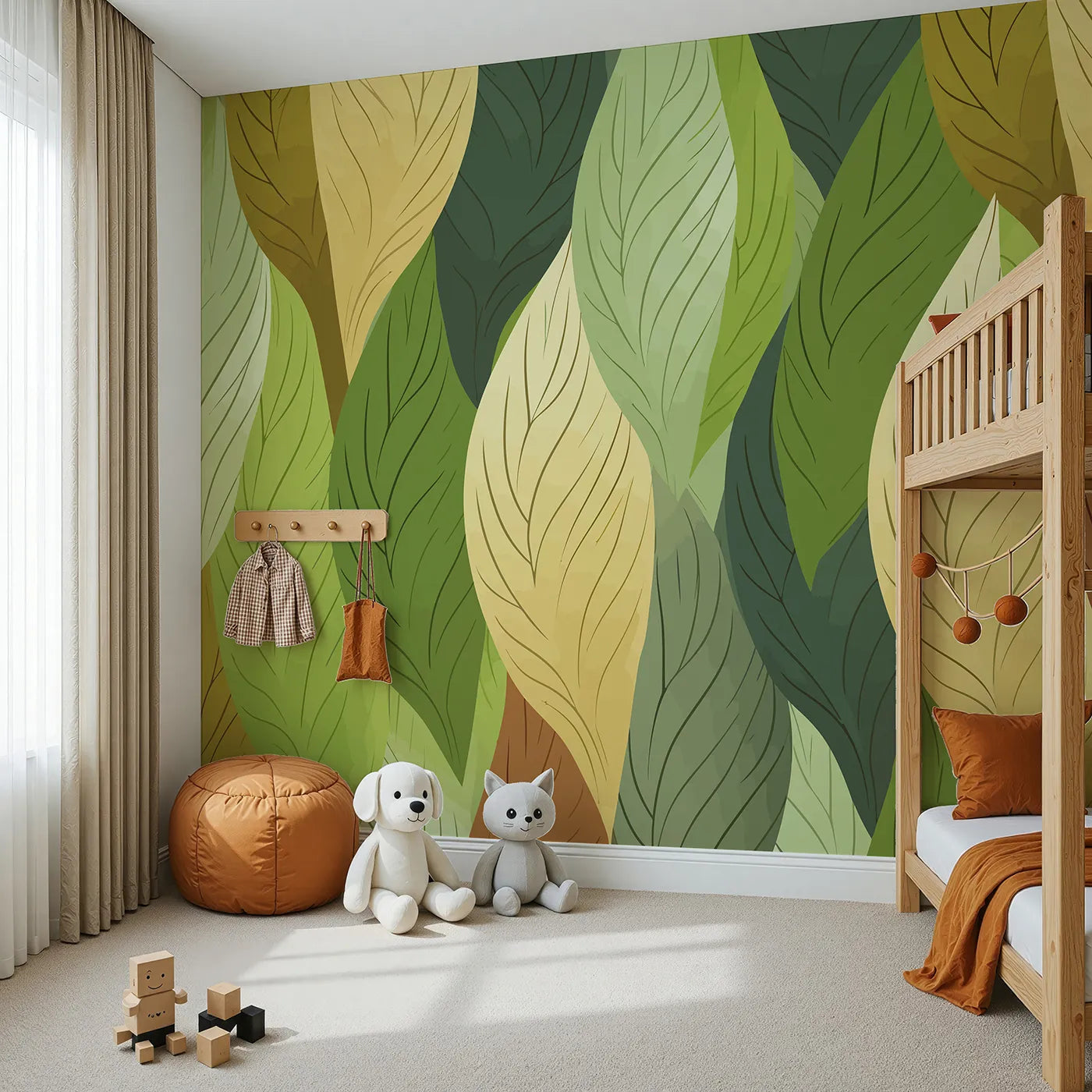 Angled view of Whimsy Tots' Autumn Leaves Pattern Wall Mural (Turn Their Room into a Cascade of Colorful Fall Leaves).Gender-Neutral
