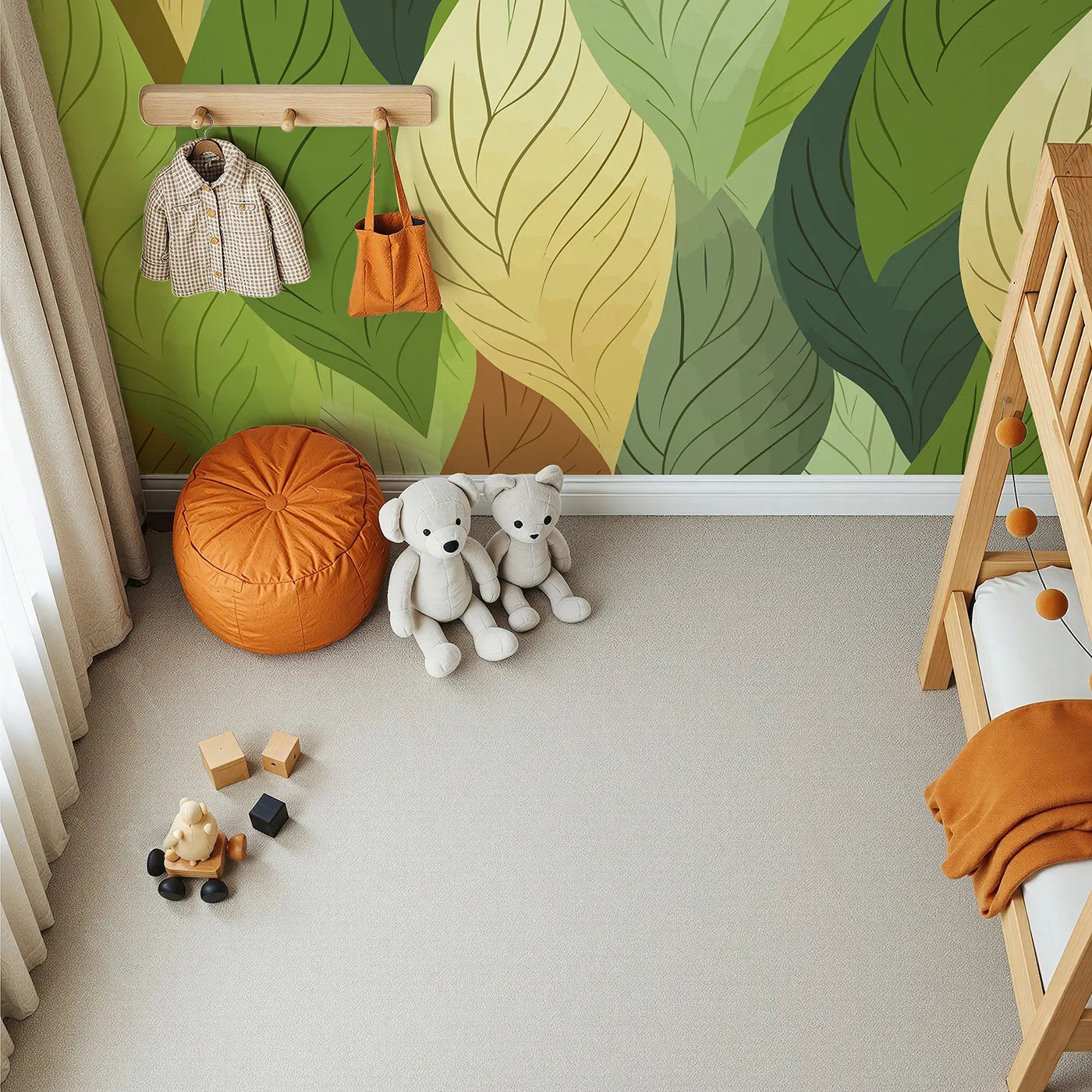 Top-down view of Whimsy Tots' Autumn Leaves Pattern Wall Mural (Turn Their Room into a Cascade of Colorful Fall Leaves).Gender-Neutral