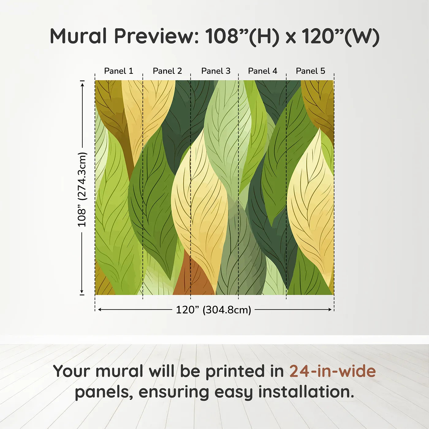 Whimsy Tots Autumn Leaves Pattern Wall Muraldimension view (108" H x 120" W). Printed in five 24-inch-wide panels. Gender-Neutral
