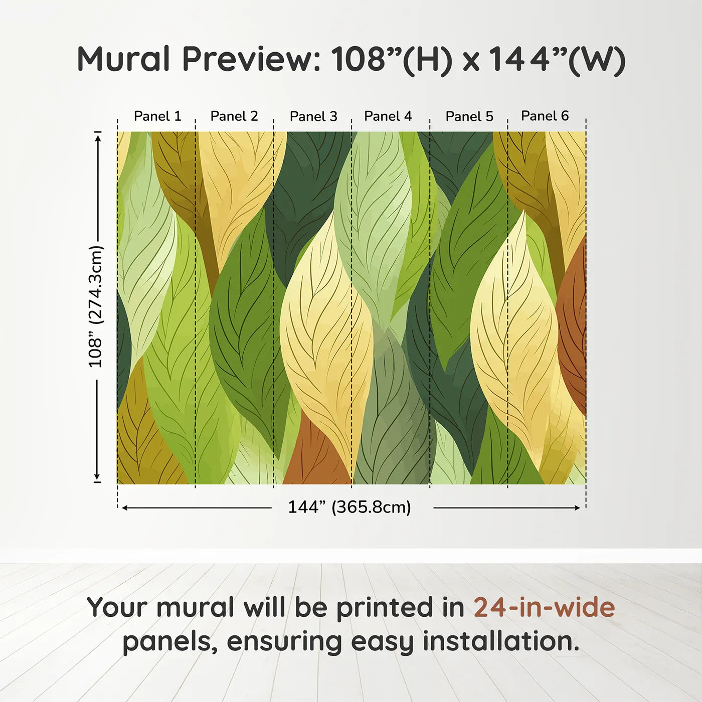Whimsy Tots Autumn Leaves Pattern Wall Muraldimension view (108" H x 144" W). Printed in six 24-inch-wide panels. Gender-Neutral