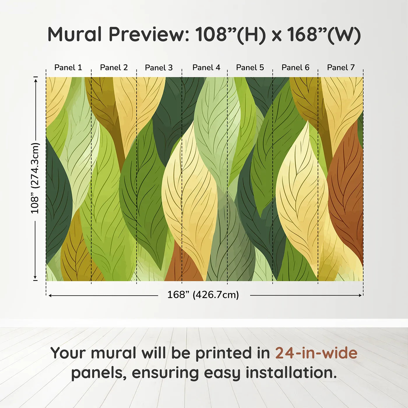 Whimsy Tots Autumn Leaves Pattern Wall Muraldimension view (108" H x 168" W). Printed in seven 24-inch-wide panels. Gender-Neutral