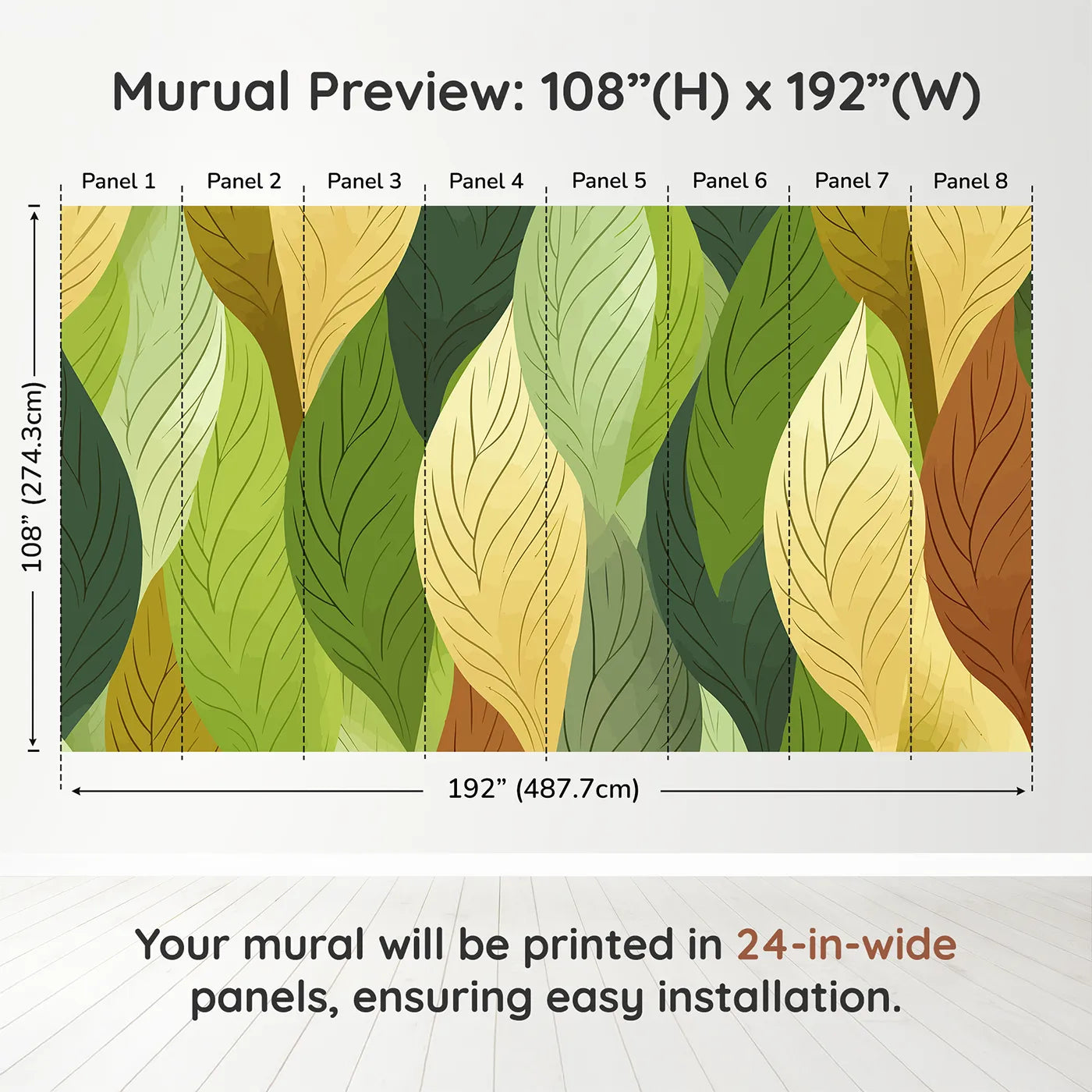 Whimsy Tots Autumn Leaves Pattern Wall Muraldimension view (108" H x 192" W). Printed in eight 24-inch-wide panels. Gender-Neutral