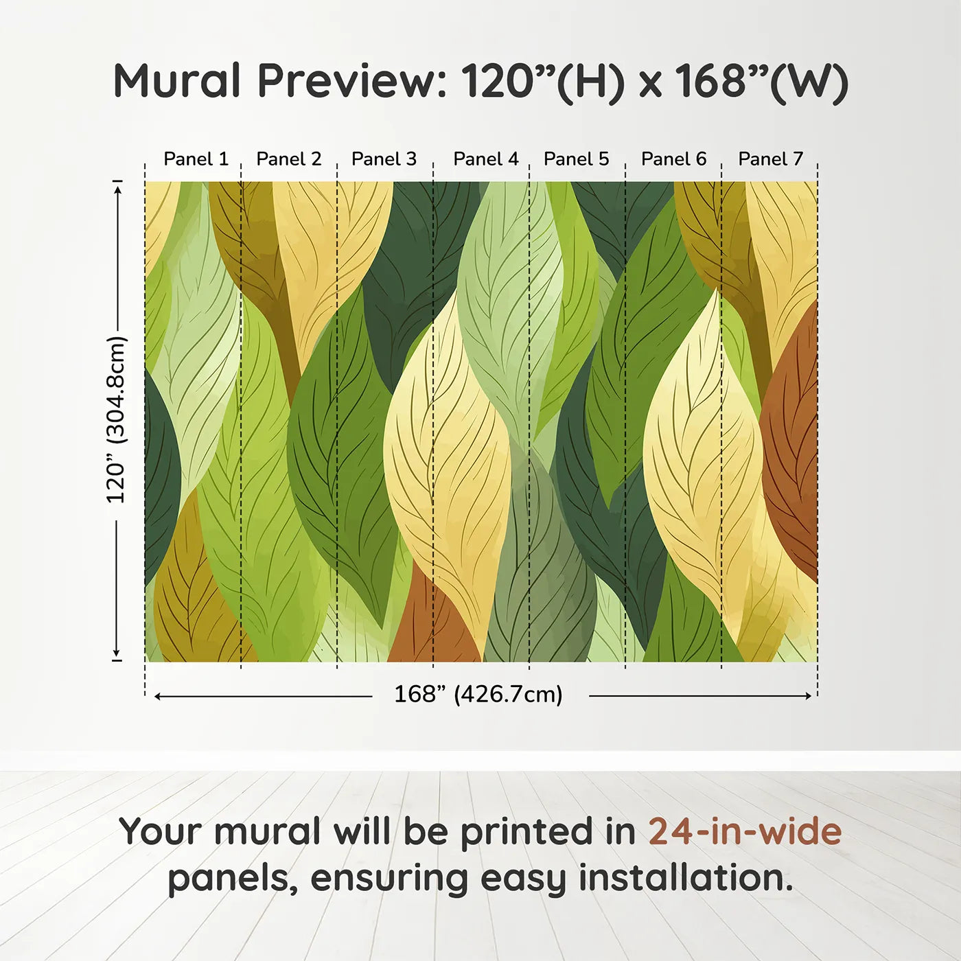 Whimsy Tots Autumn Leaves Pattern Wall Muraldimension view (120" H x 168" W). Printed in seven 24-inch-wide panels. Gender-Neutral