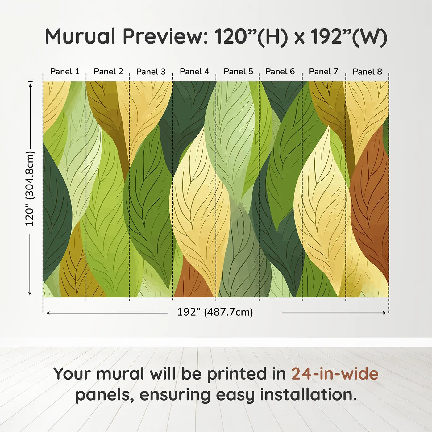 Whimsy Tots Autumn Leaves Pattern Wall Muraldimension view (120" H x 192" W). Printed in eight 24-inch-wide panels. Gender-Neutral