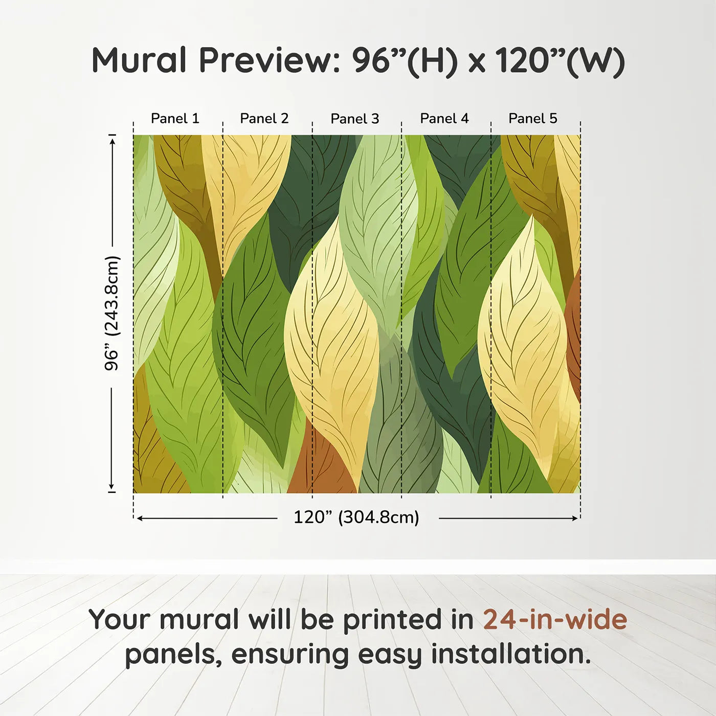 Whimsy Tots Autumn Leaves Pattern Wall Muraldimension view (96" H x 120" W). Printed in five 24-inch-wide panels. Gender-Neutral