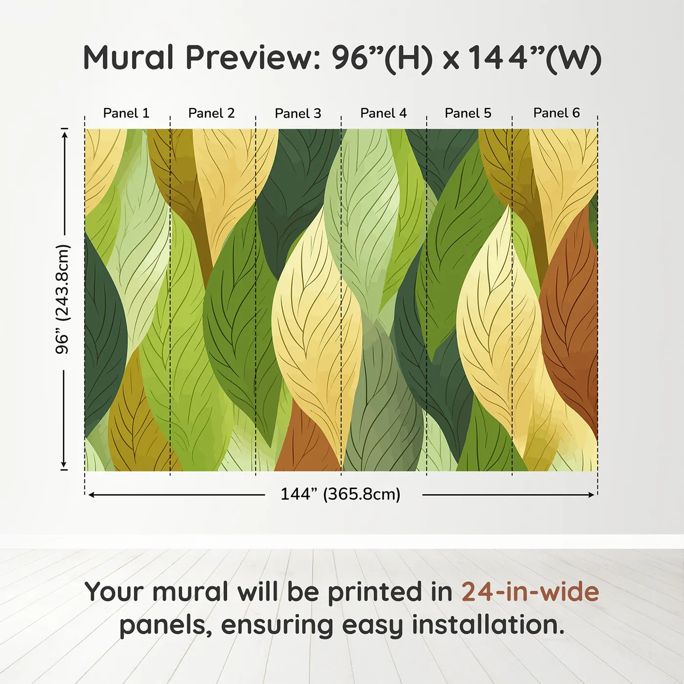 Whimsy Tots Autumn Leaves Pattern Wall Muraldimension view (96" H x 144" W). Printed in six 24-inch-wide panels. Gender-Neutral