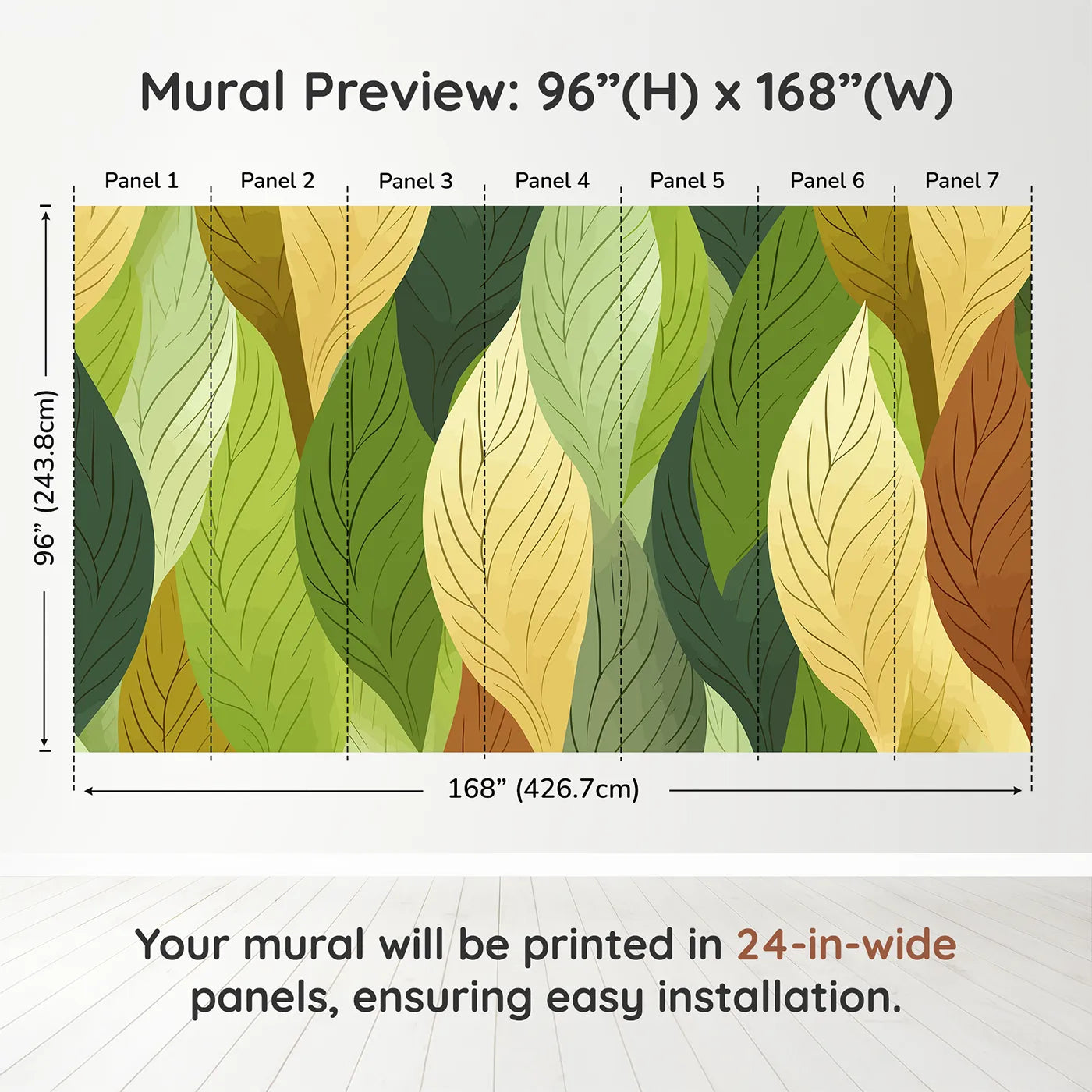 Whimsy Tots Autumn Leaves Pattern Wall Muraldimension view (96" H x 168" W). Printed in seven 24-inch-wide panels. Gender-Neutral