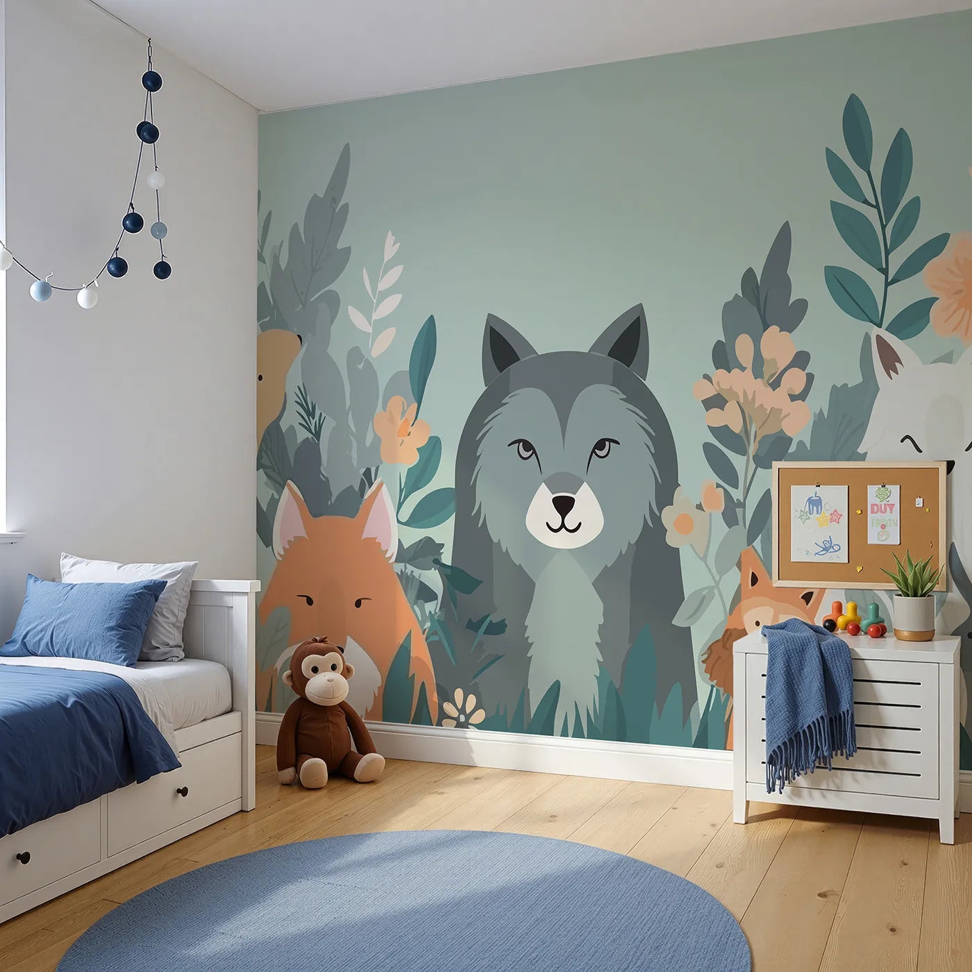 Angled view of Whimsy Tots' Woodland Friends Gathering Wall Mural (Turn Their Room into the Sweetest Forest Friendship Circle).Gender-Neutral