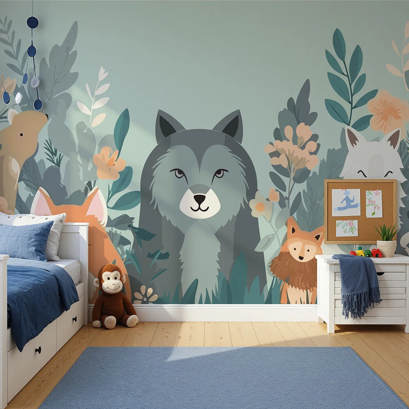 Front view of Whimsy Tots' Woodland Friends Gathering Wall Mural