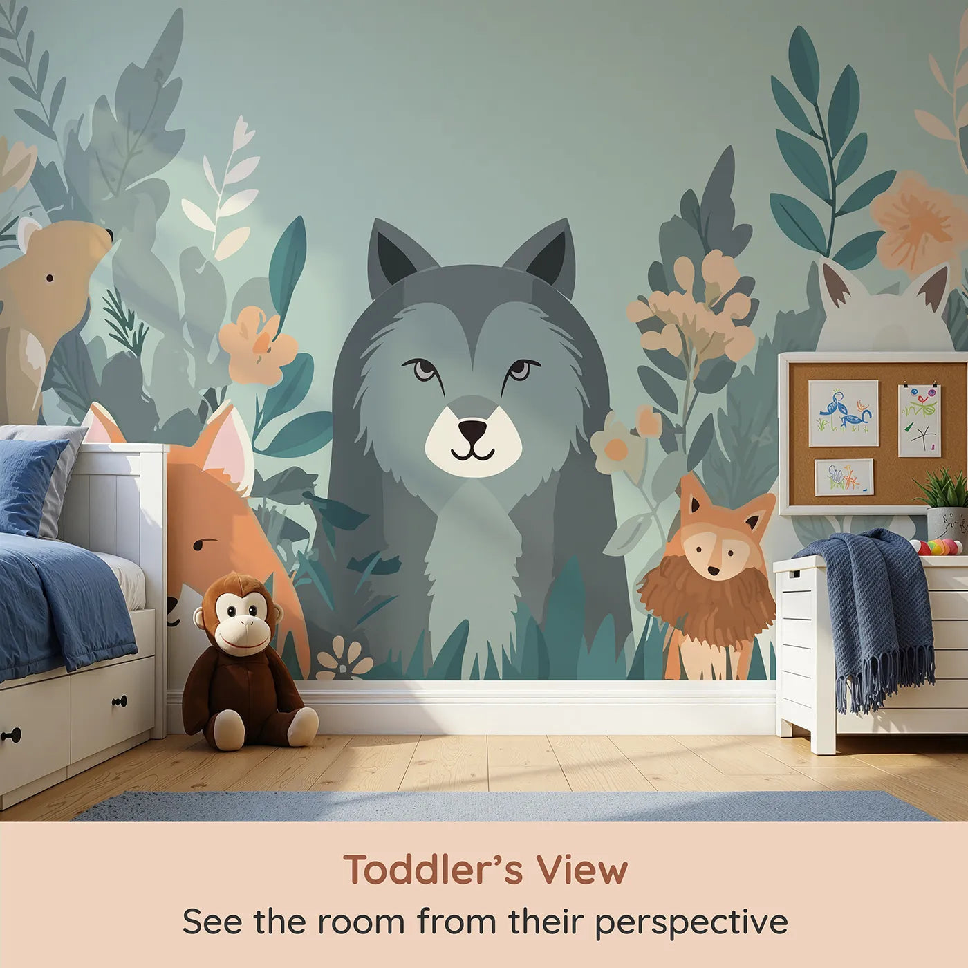 Whimsy Tots Woodland Friends Gathering Wall Mural (Turn Their Room into the Sweetest Forest Friendship Circle) from your child's view.Gender-Neutral
