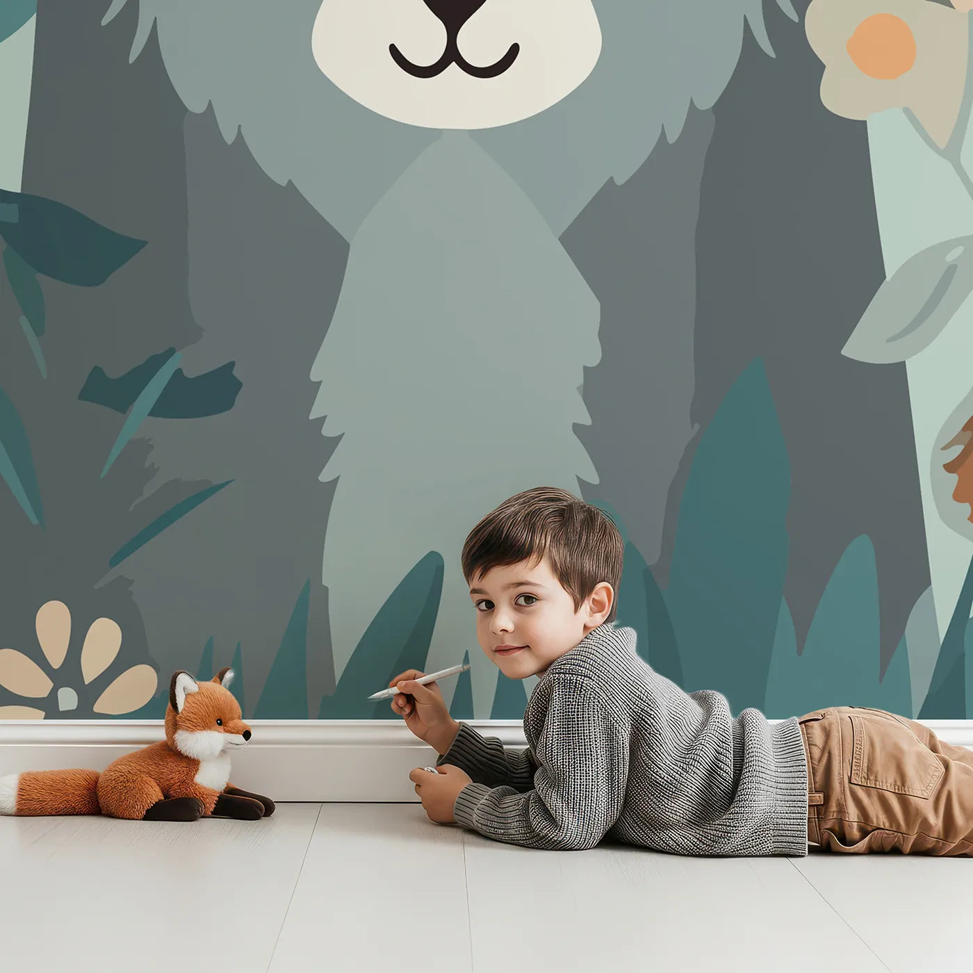 Child in front of Whimsy Tots Woodland Friends Gathering Wall Mural with animal, woodland, cute, fox, wolf, forest, flower, gentle in design.