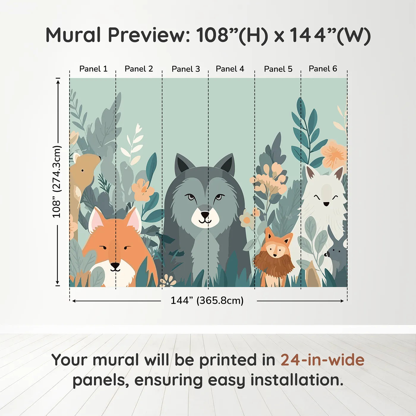 Whimsy Tots Woodland Friends Gathering Wall Muraldimension view (108" H x 144" W). Printed in six 24-inch-wide panels. Gender-Neutral