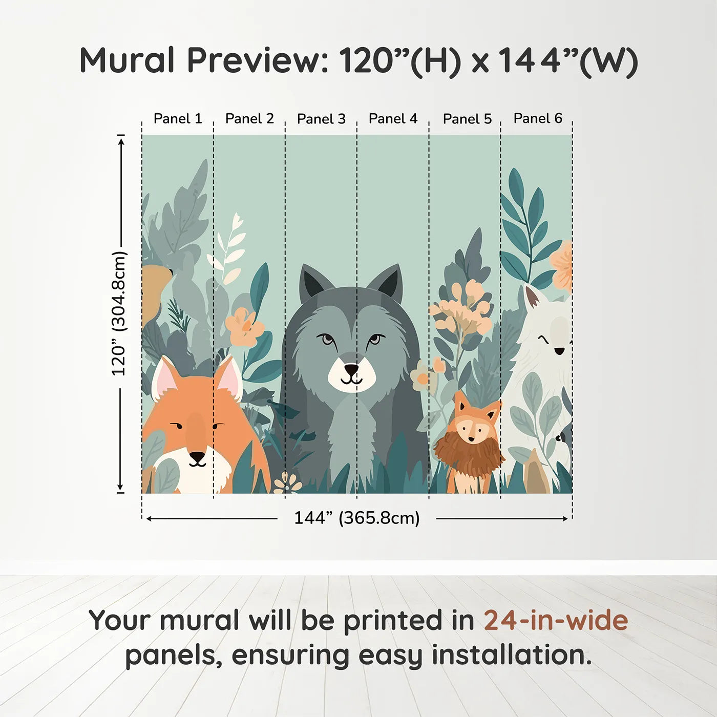 Whimsy Tots Woodland Friends Gathering Wall Muraldimension view (120" H x 144" W). Printed in six 24-inch-wide panels. Gender-Neutral