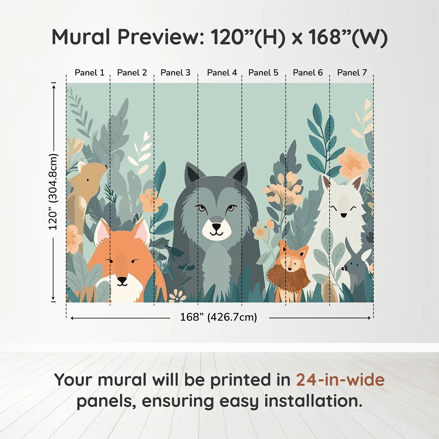 Whimsy Tots Woodland Friends Gathering Wall Muraldimension view (120" H x 168" W). Printed in seven 24-inch-wide panels. Gender-Neutral