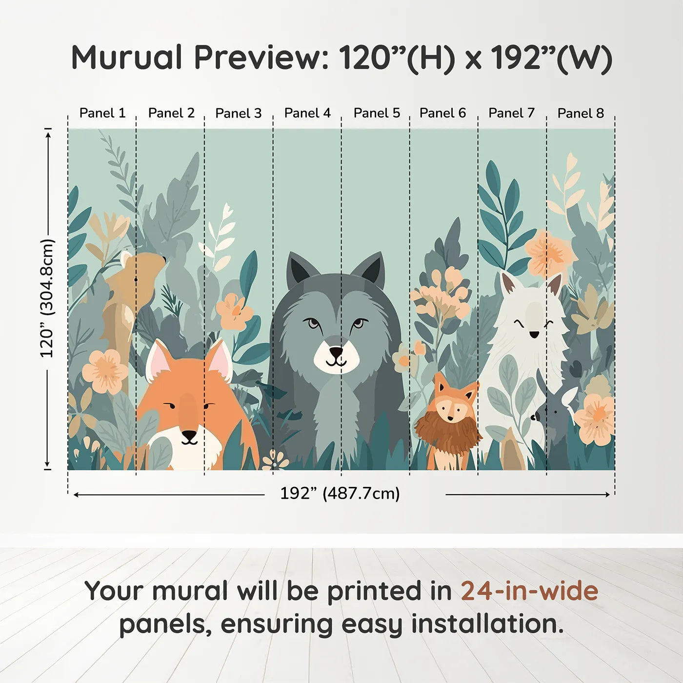 Whimsy Tots Woodland Friends Gathering Wall Muraldimension view (120" H x 192" W). Printed in eight 24-inch-wide panels. Gender-Neutral