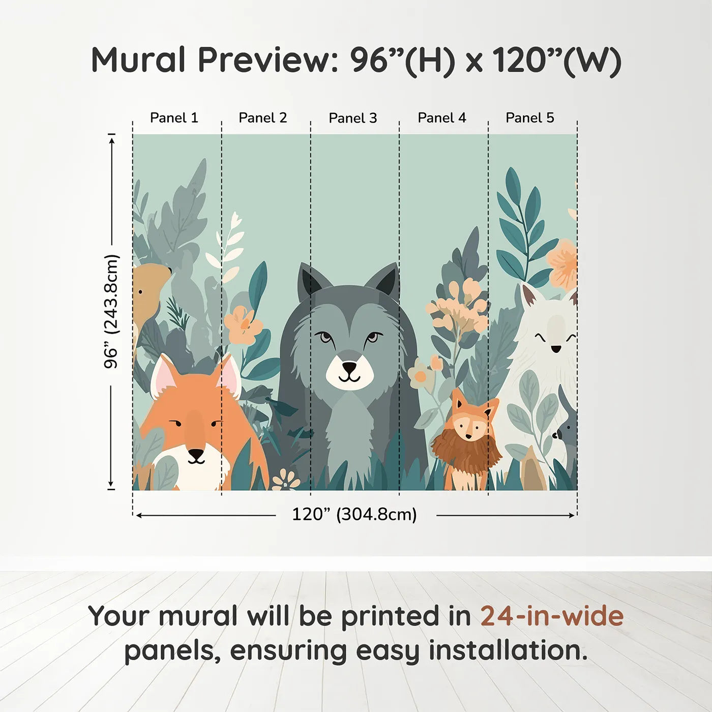 Whimsy Tots Woodland Friends Gathering Wall Muraldimension view (96" H x 120" W). Printed in five 24-inch-wide panels. Gender-Neutral