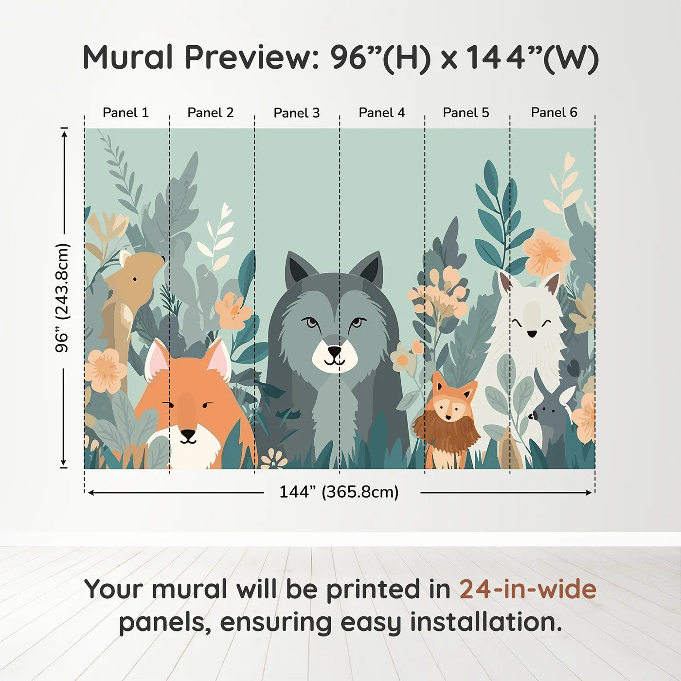 Whimsy Tots Woodland Friends Gathering Wall Muraldimension view (96" H x 144" W). Printed in six 24-inch-wide panels. Gender-Neutral
