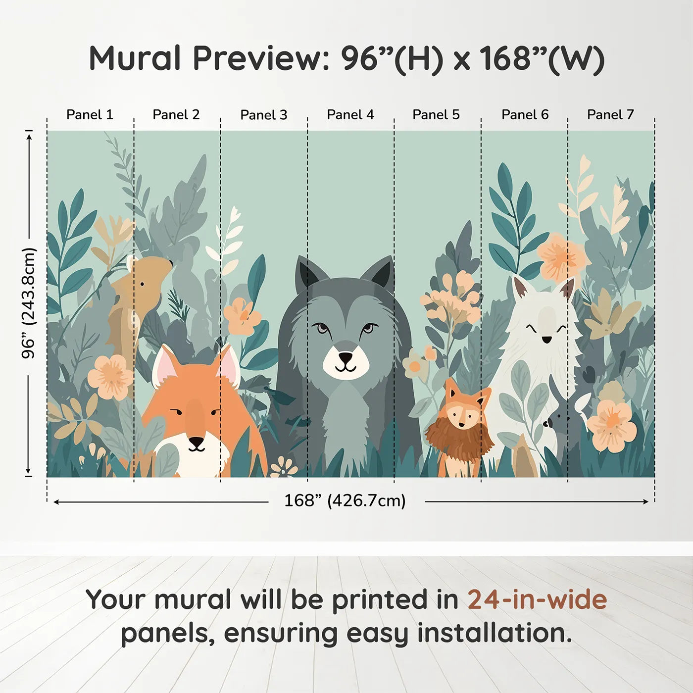 Whimsy Tots Woodland Friends Gathering Wall Muraldimension view (96" H x 168" W). Printed in seven 24-inch-wide panels. Gender-Neutral