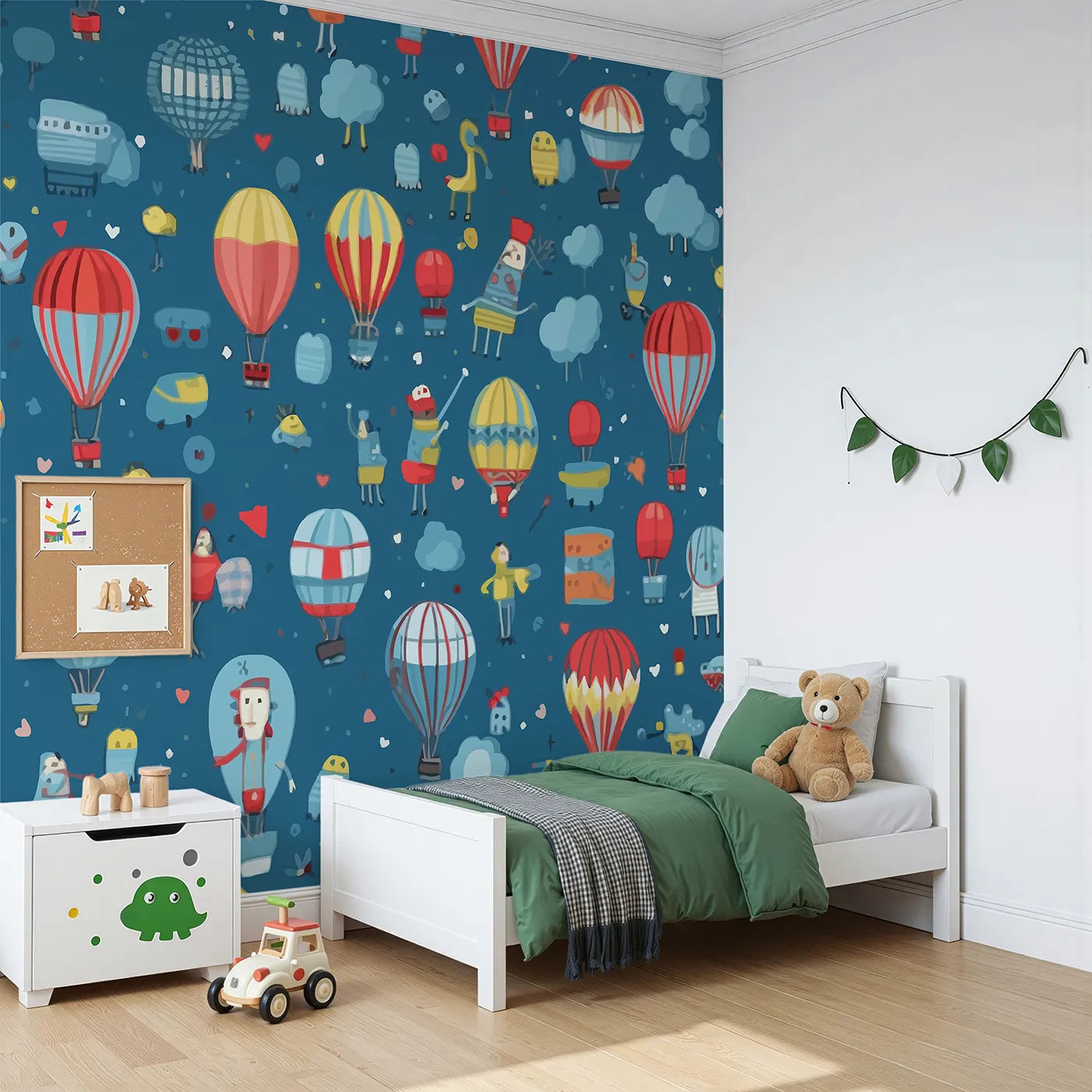 Angled view of Whimsy Tots' Hot Air Balloon Festival Wall Mural (Turn Their Room into a Sky Full of Whimsical Adventure).Gender-Neutral