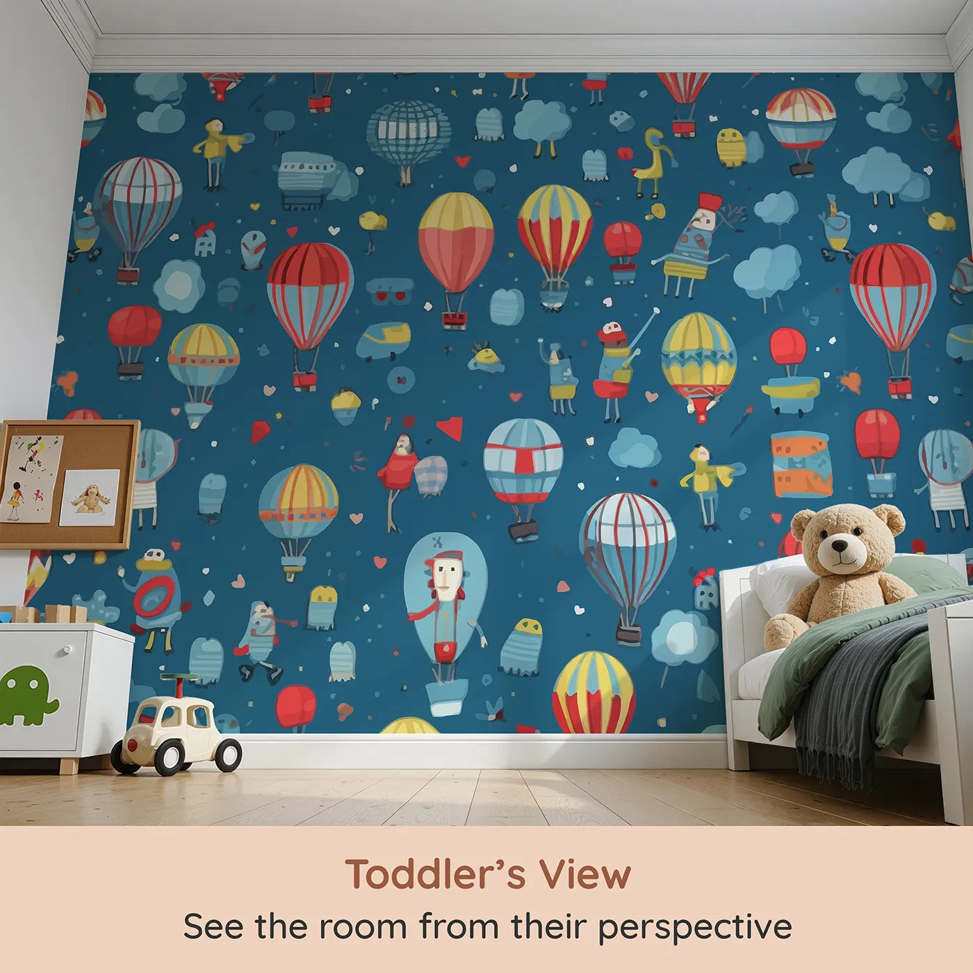 Whimsy Tots Hot Air Balloon Festival Wall Mural (Turn Their Room into a Sky Full of Whimsical Adventure) from your child's view.Gender-Neutral
