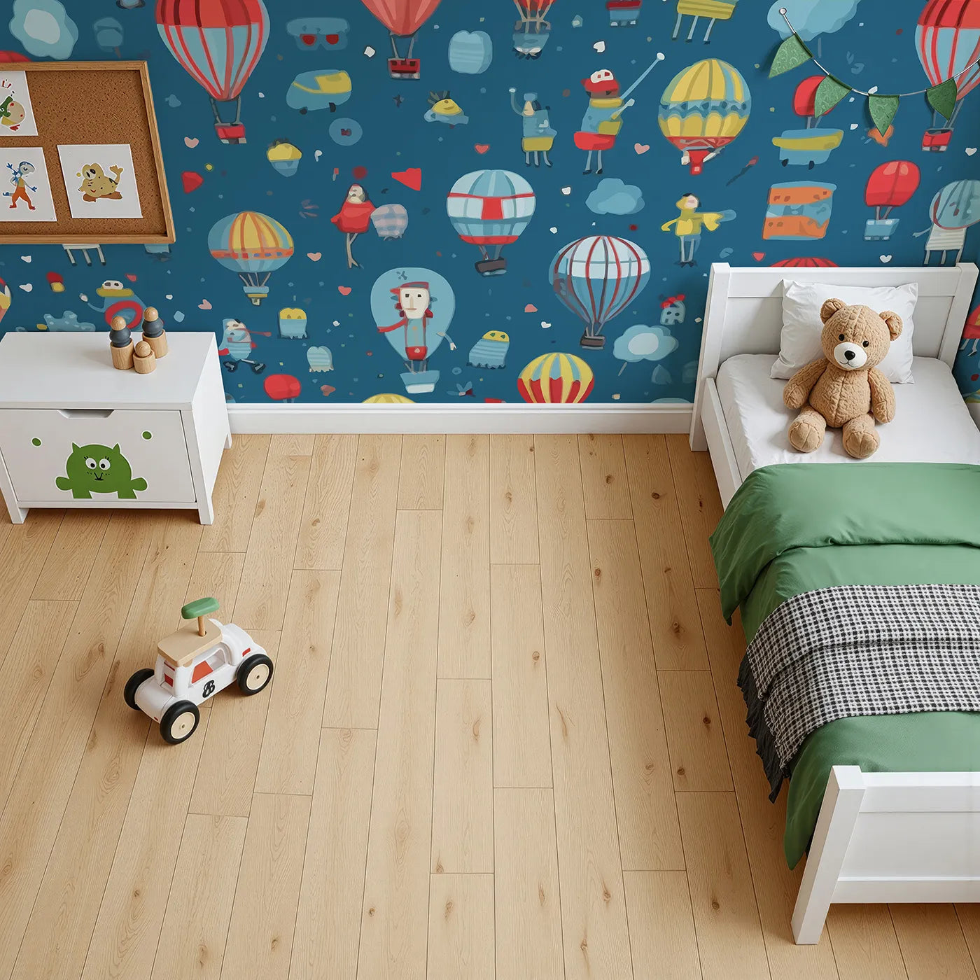 Top-down view of Whimsy Tots' Hot Air Balloon Festival Wall Mural (Turn Their Room into a Sky Full of Whimsical Adventure).Gender-Neutral