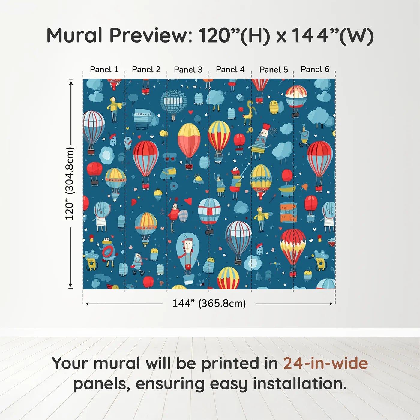 Whimsy Tots Hot Air Balloon Festival Wall Muraldimension view (120" H x 144" W). Printed in six 24-inch-wide panels. Gender-Neutral