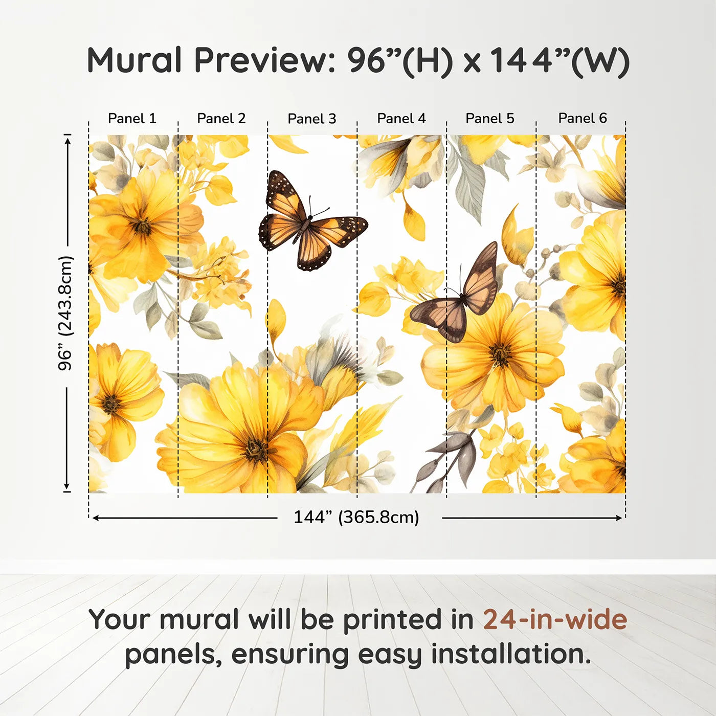 Whimsy Tots Yellow Butterfly Meadow Wall Muraldimension view (96" H x 144" W). Printed in six 24-inch-wide panels. Gender-Neutral