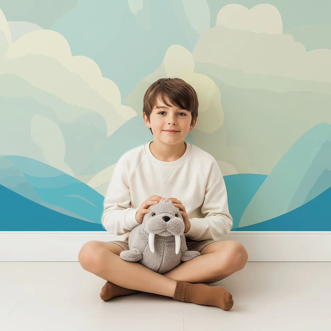 Child in front of Whimsy Tots Rainbow Balloon Sky Wall Mural with hot air balloon, balloon, sky, colorful, rainbow, mountain, vibrant, adventure in design.