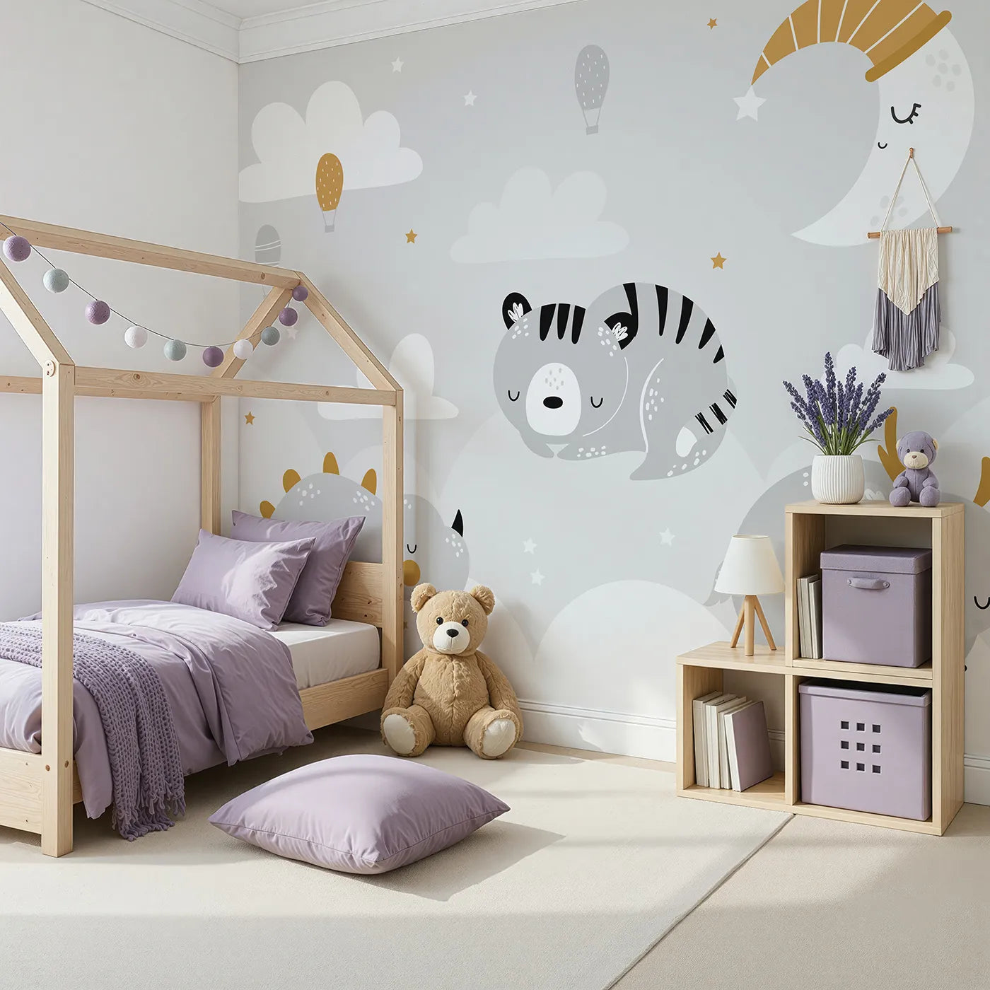 Angled view of Whimsy Tots' Sleepy Animal Friends Wall Mural (Turn Their Room into the Coziest, Starriest Dreamland).Gender-Neutral