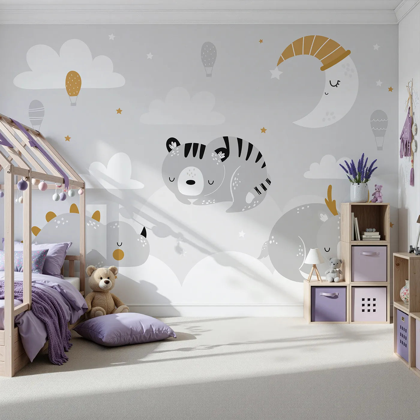 Front view of Whimsy Tots' Sleepy Animal Friends Wall Mural