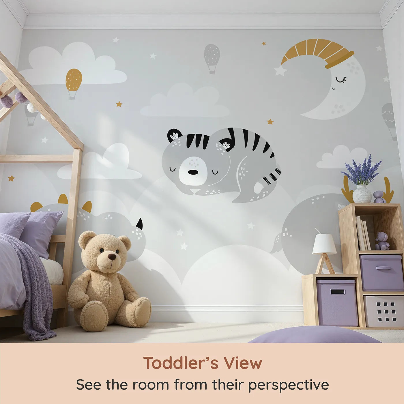 Whimsy Tots Sleepy Animal Friends Wall Mural (Turn Their Room into the Coziest, Starriest Dreamland) from your child's view.Gender-Neutral