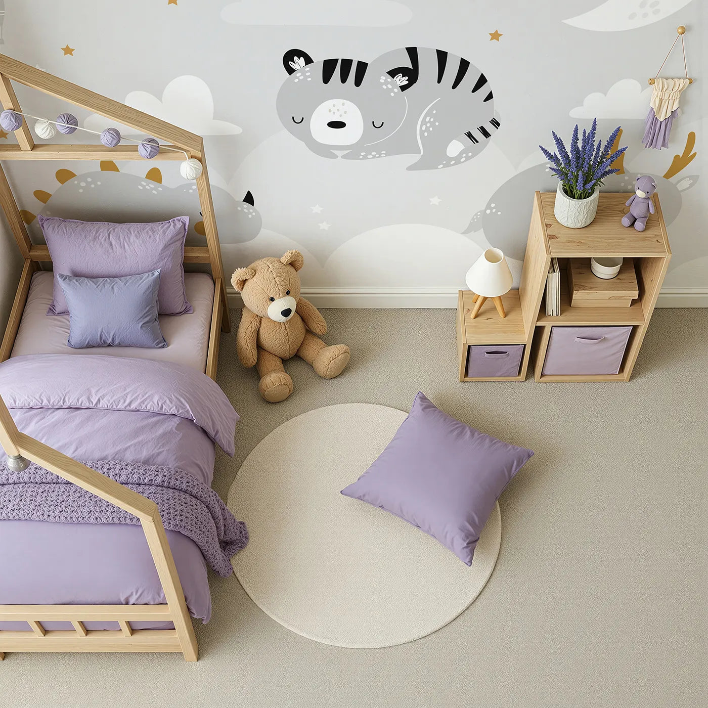 Top-down view of Whimsy Tots' Sleepy Animal Friends Wall Mural (Turn Their Room into the Coziest, Starriest Dreamland).Gender-Neutral