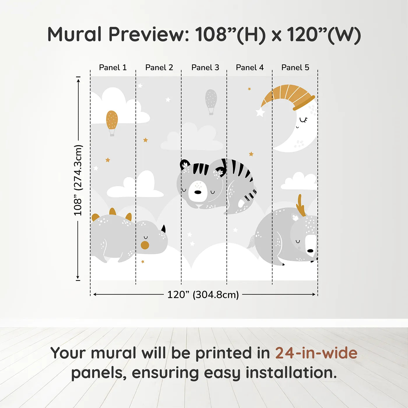 Whimsy Tots Sleepy Animal Friends Wall Muraldimension view (108" H x 120" W). Printed in five 24-inch-wide panels. Gender-Neutral