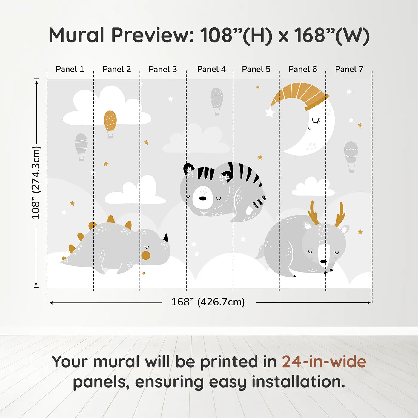 Whimsy Tots Sleepy Animal Friends Wall Muraldimension view (108" H x 168" W). Printed in seven 24-inch-wide panels. Gender-Neutral
