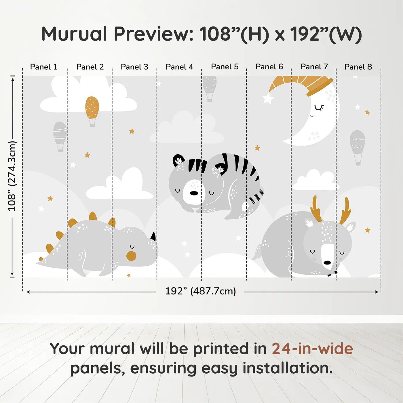 Whimsy Tots Sleepy Animal Friends Wall Muraldimension view (108" H x 192" W). Printed in eight 24-inch-wide panels. Gender-Neutral