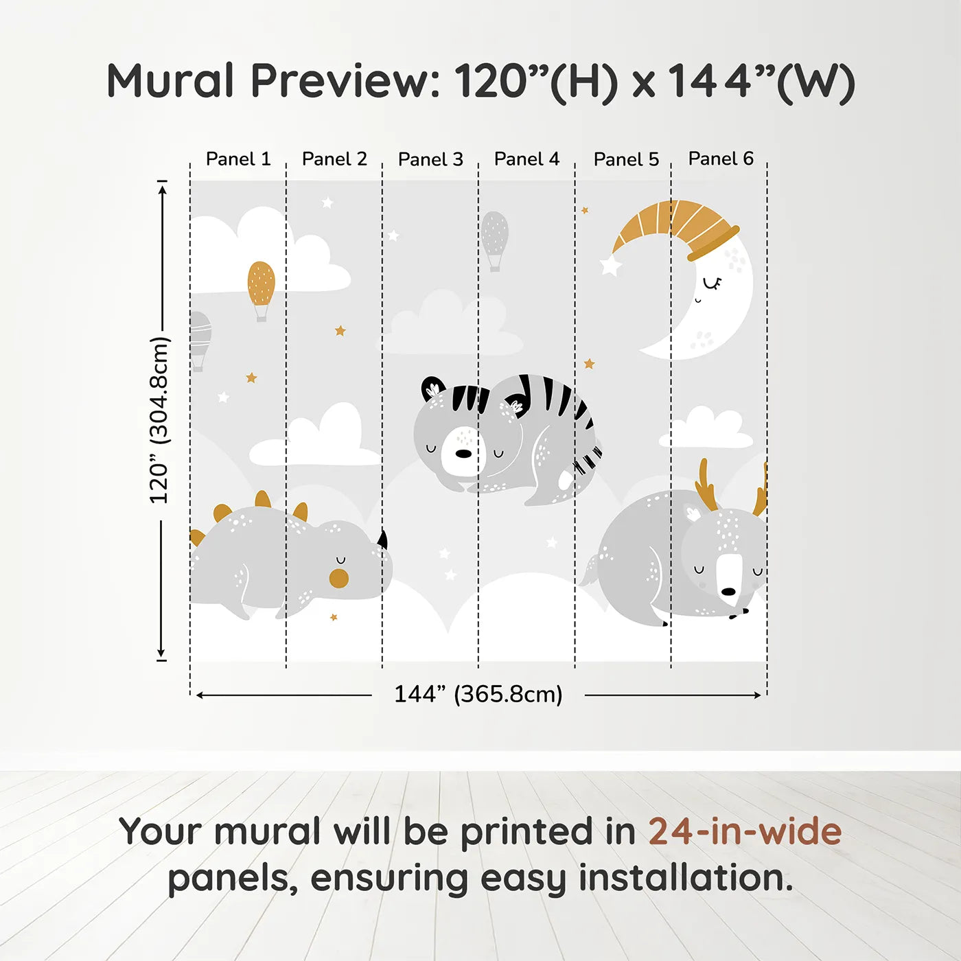 Whimsy Tots Sleepy Animal Friends Wall Muraldimension view (120" H x 144" W). Printed in six 24-inch-wide panels. Gender-Neutral