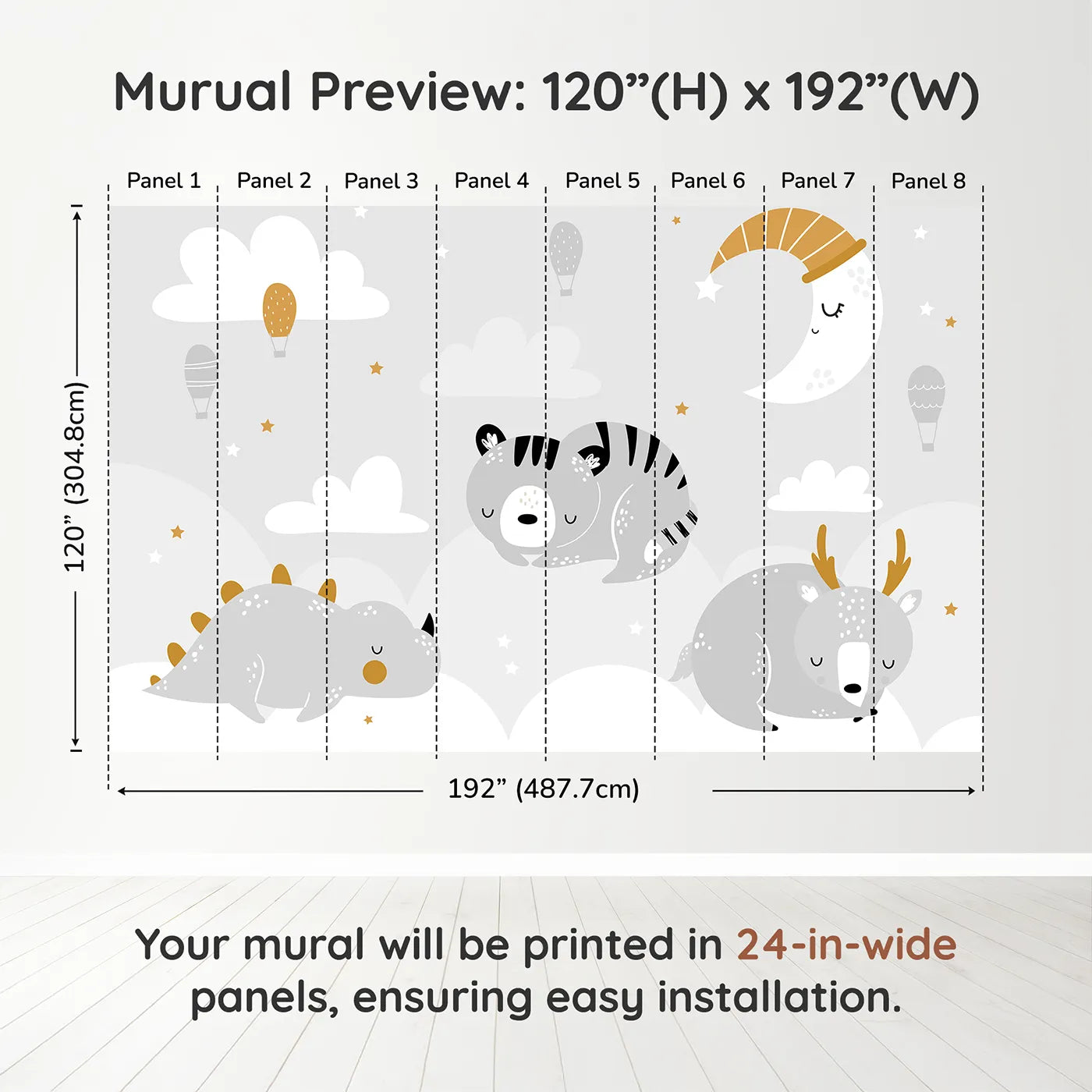 Whimsy Tots Sleepy Animal Friends Wall Muraldimension view (120" H x 192" W). Printed in eight 24-inch-wide panels. Gender-Neutral