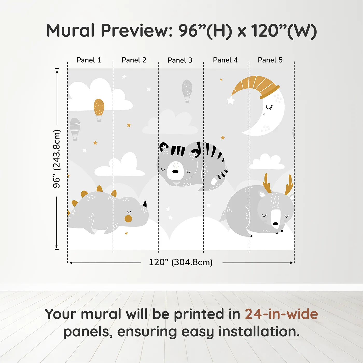 Whimsy Tots Sleepy Animal Friends Wall Muraldimension view (96" H x 120" W). Printed in five 24-inch-wide panels. Gender-Neutral