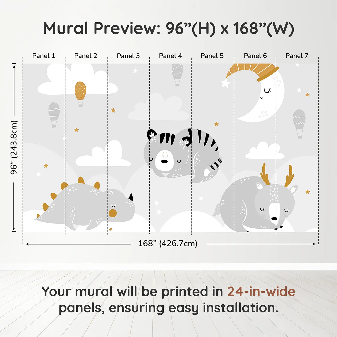 Whimsy Tots Sleepy Animal Friends Wall Muraldimension view (96" H x 168" W). Printed in seven 24-inch-wide panels. Gender-Neutral